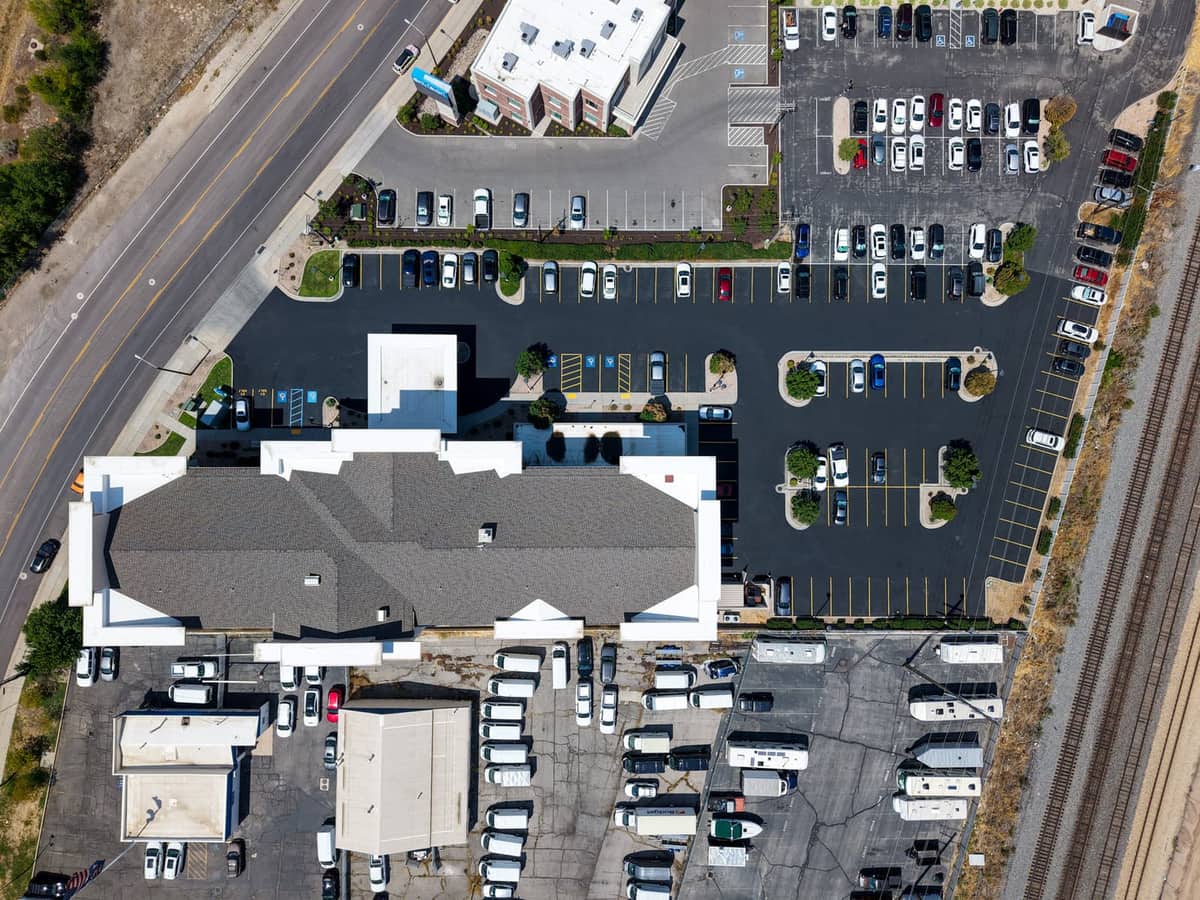 Office complex parking lot with fresh striping